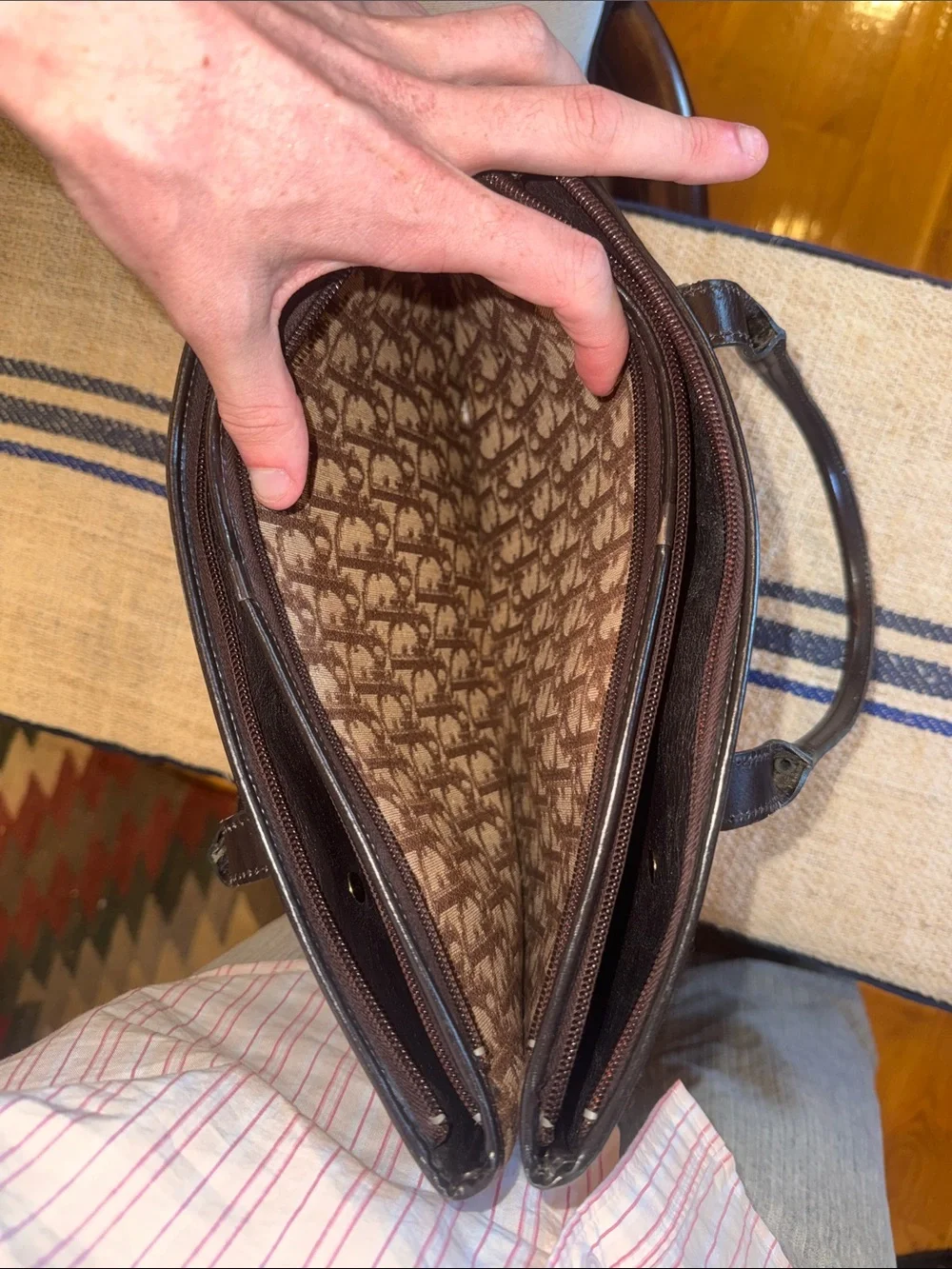 Dior Beige Brown Monogram Canvas Tote with Dark Brown Leather Trim